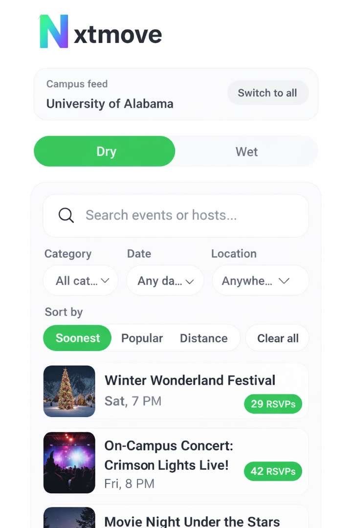 Nxtmove Dry feed screenshot (light mode).