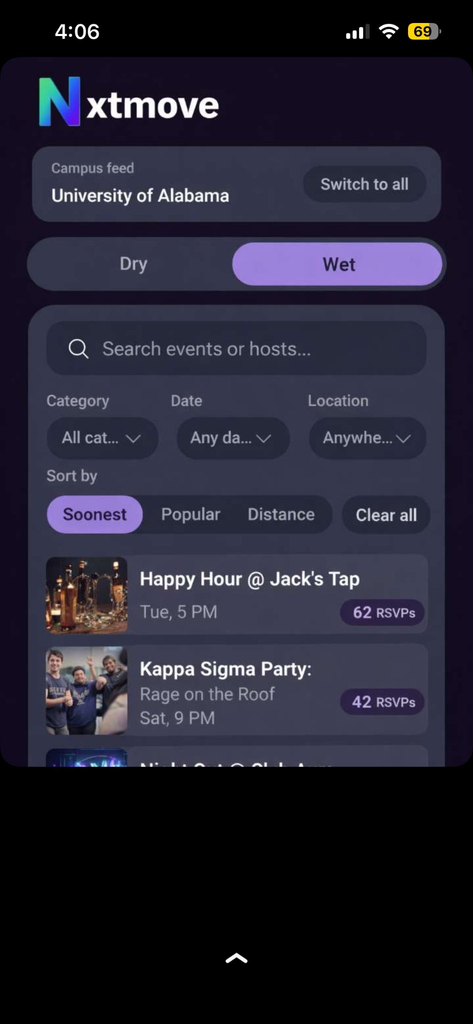 Nxtmove Wet feed screenshot (dark mode).