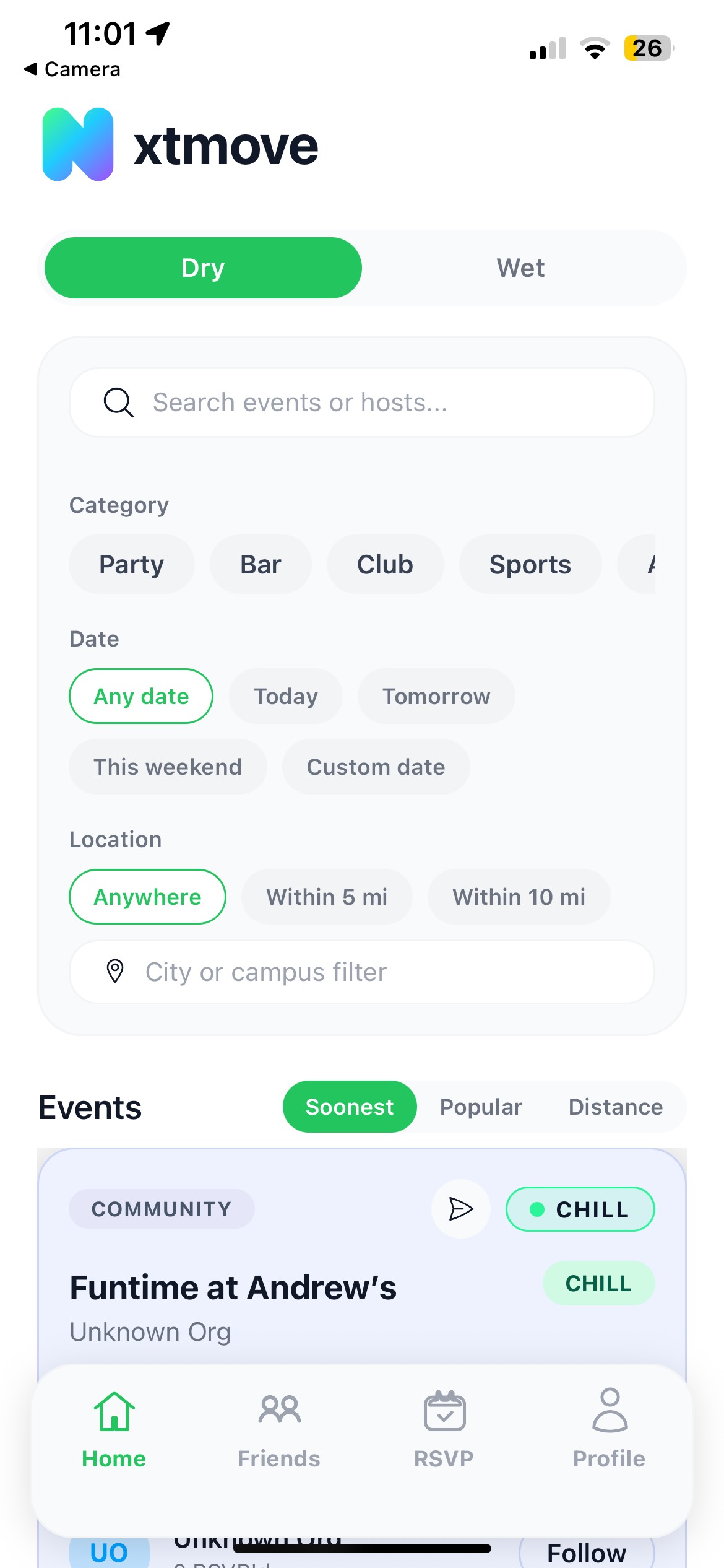Screenshot of the Nxtmove app home feed showing Dry and Wet tabs, filters, and events list.